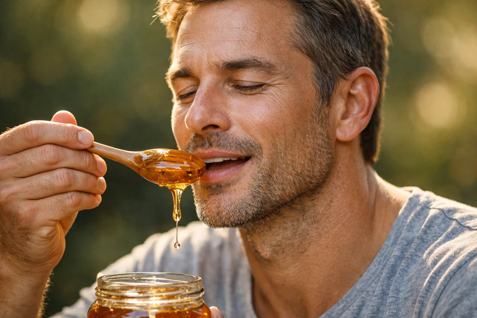 Muškarac jede prirodni med drvenom kašikom, dok zlatni med kaplje pod toplim prirodnim svetlom, simbol zdravlja, vitalnosti i prirodne ishrane.